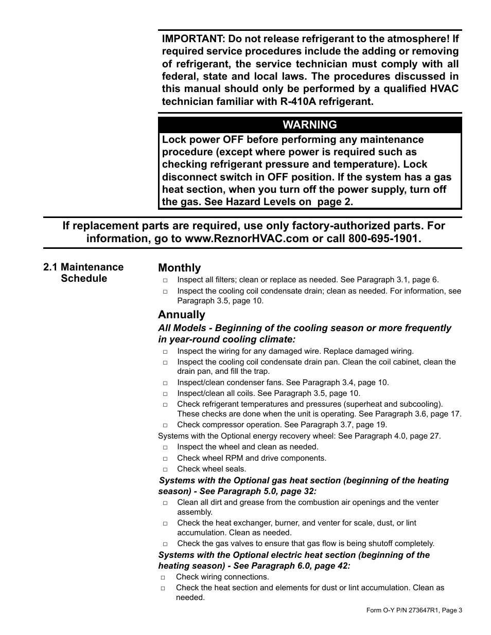 1 maintenance schedule, Warning, Monthly | Annually | Reznor YDSA Operation Manual User Manual | Page 3 / 48