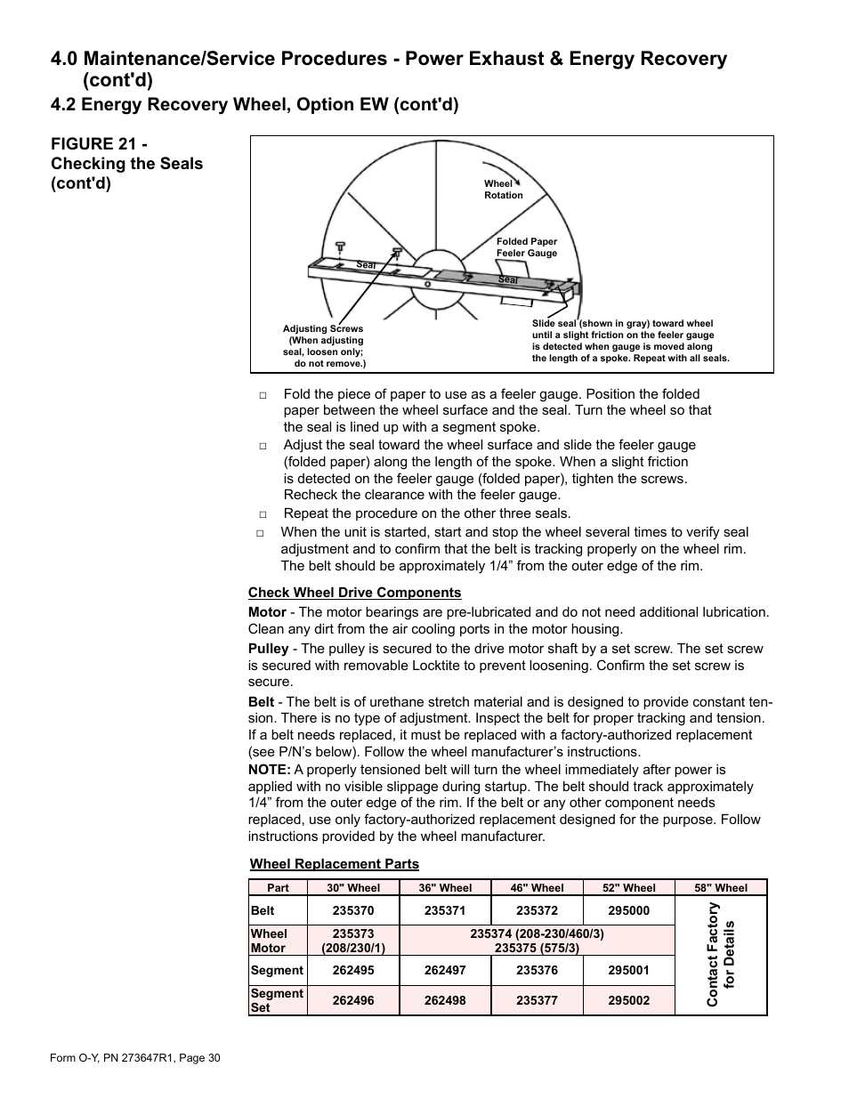 2 energy recovery wheel, option ew (cont'd), Figure 21 - checking the seals (cont'd) | Reznor YDSA Operation Manual User Manual | Page 30 / 48