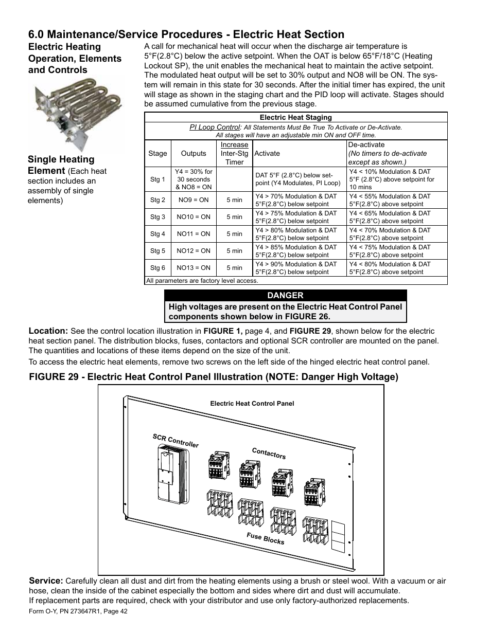 0 maintenance/service procedures - electric, Heat section, Single heating element | Electric heating operation, elements and controls, Service, Location | Reznor YDSA Operation Manual User Manual | Page 42 / 48