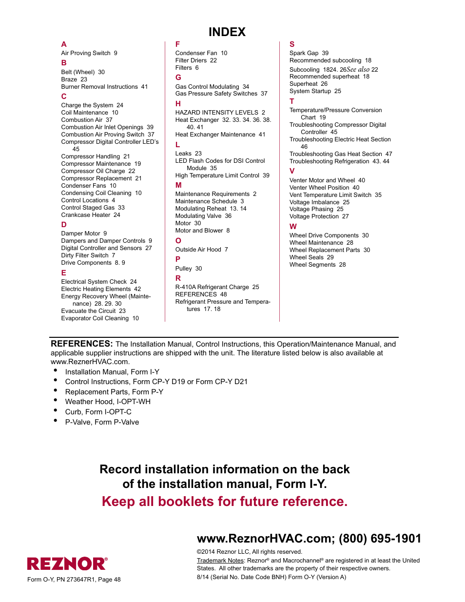 Index, Keep all booklets for future reference | Reznor YDSA Operation Manual User Manual | Page 48 / 48
