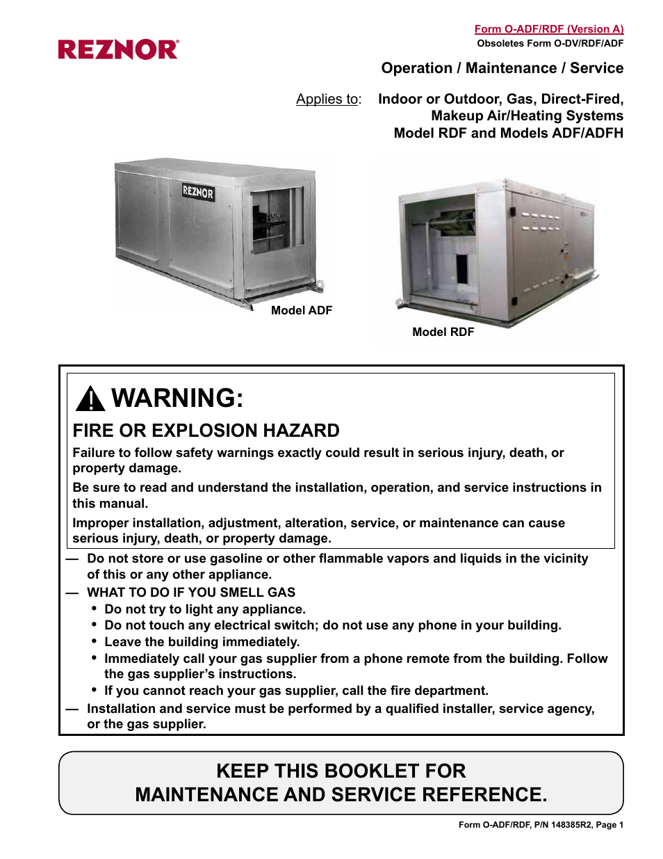 Reznor ADFH Operation Manual User Manual | 20 pages