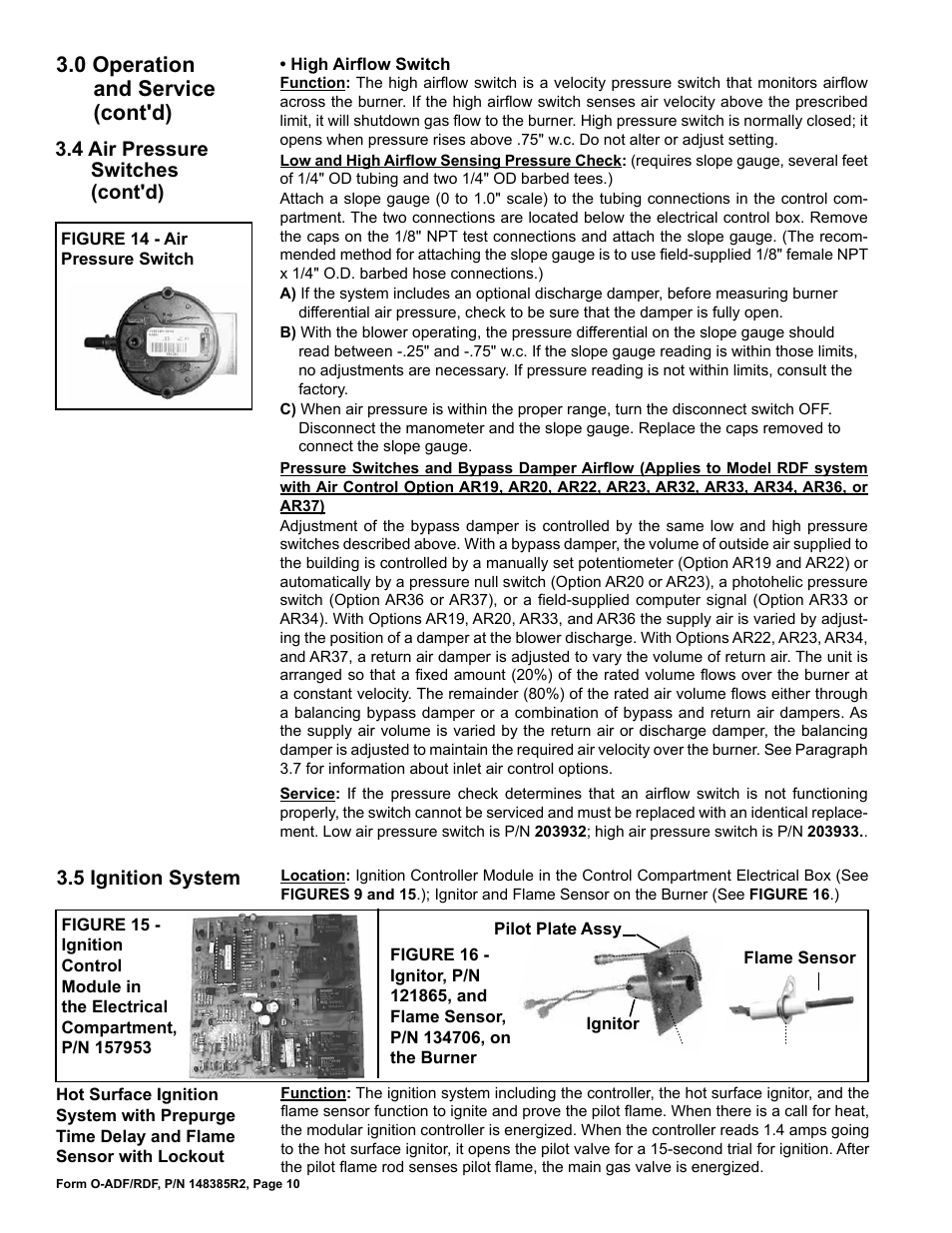 0 operation and service (cont'd), 5 ignition system, 4 air pressure switches (cont'd) | Reznor ADFH Operation Manual User Manual | Page 10 / 20