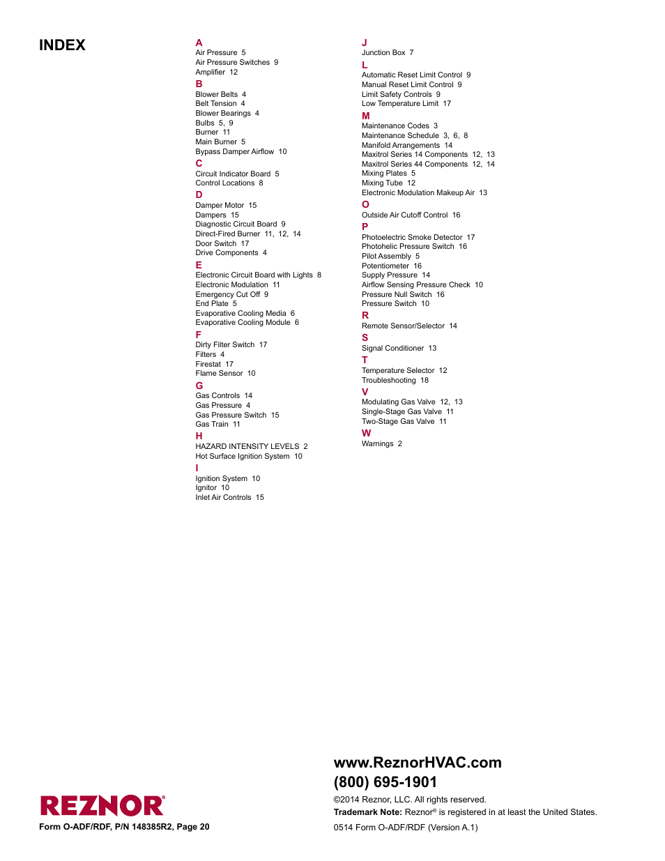 Index | Reznor ADFH Operation Manual User Manual | Page 20 / 20
