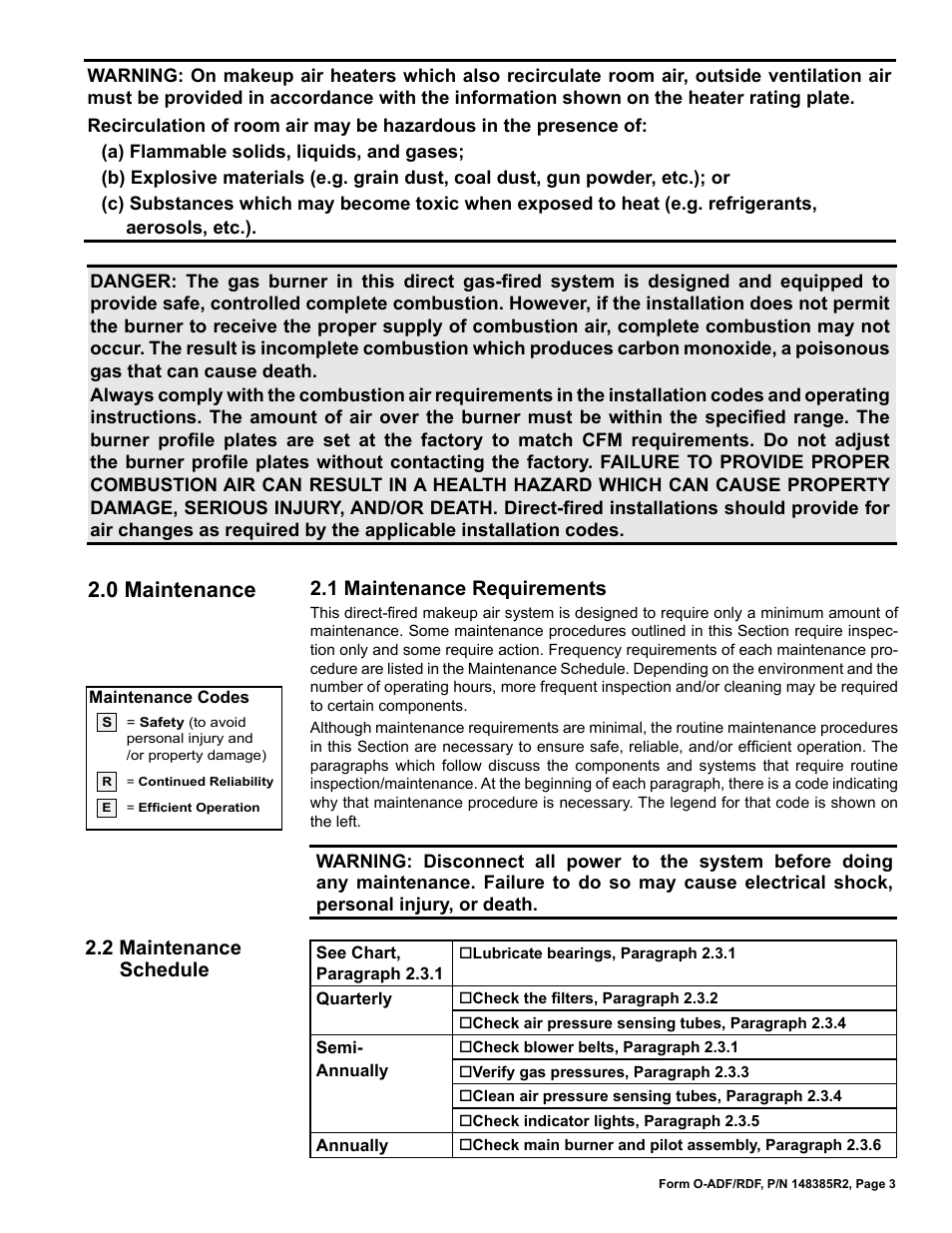 0 maintenance, 1 maintenance requirements, 2 maintenance schedule | Reznor ADFH Operation Manual User Manual | Page 3 / 20