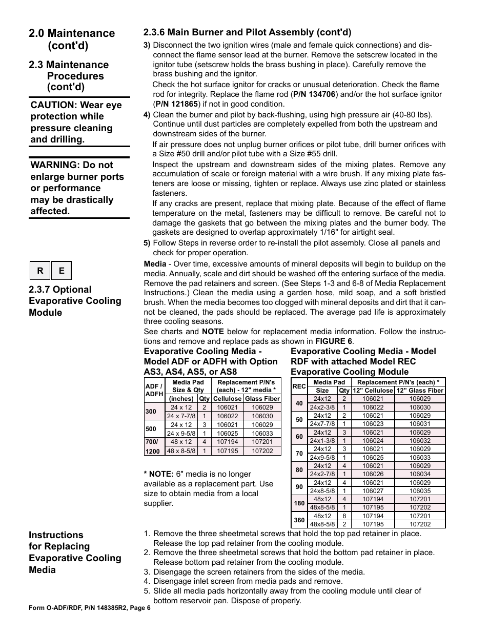 0 maintenance (cont'd), 3 maintenance procedures (cont'd), 7 optional evaporative cooling module | 6 main burner and pilot assembly (cont'd) | Reznor ADFH Operation Manual User Manual | Page 6 / 20