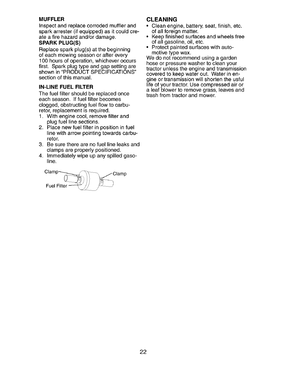 Muffler, Spark plug(s), In-line fuel filter | Cleaning | Craftsman 917.272762 User Manual | Page 22 / 56