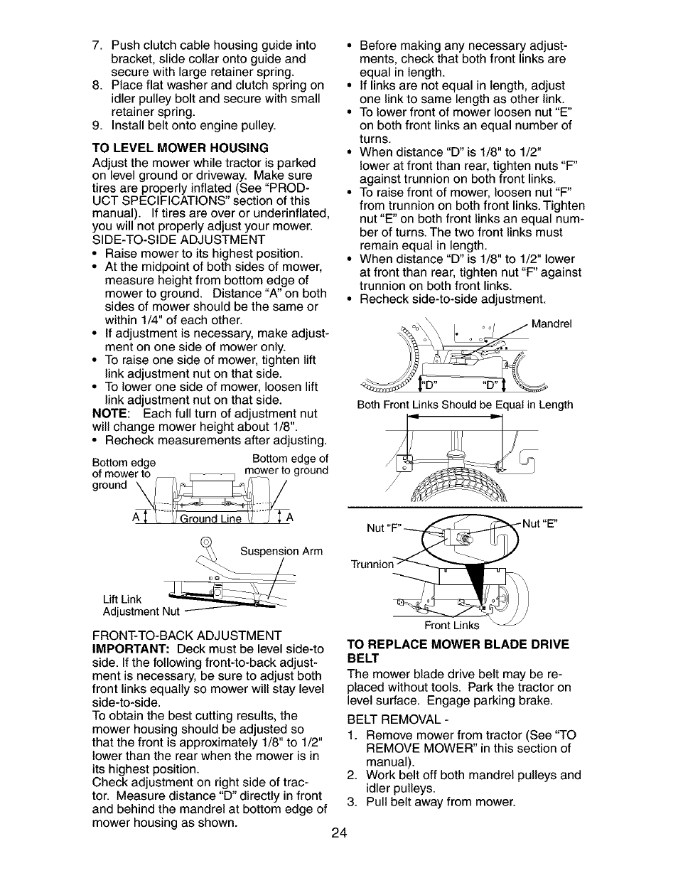 To level fviower housing, To replace mower blade drive belt | Craftsman 917.272762 User Manual | Page 24 / 56