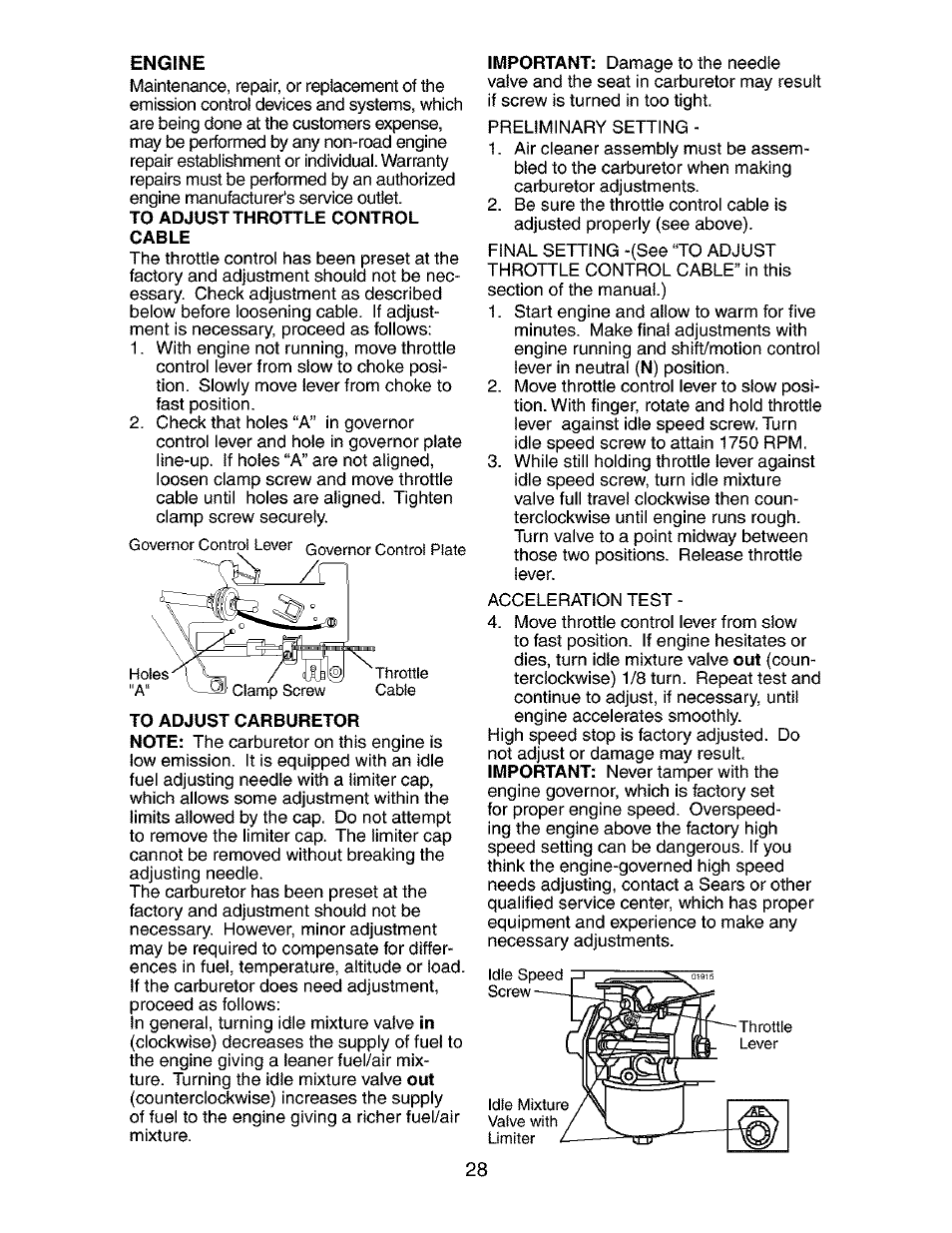 Engine, To adjust throttle control cable | Craftsman 917.272762 User Manual | Page 28 / 56