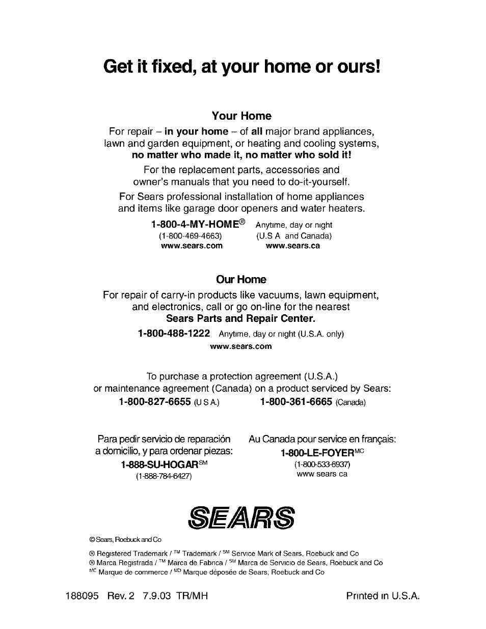 800-827-6655 (usa), 800-361-6665 (canada), Get it fixed, at your home or ours | Craftsman 917.272762 User Manual | Page 56 / 56