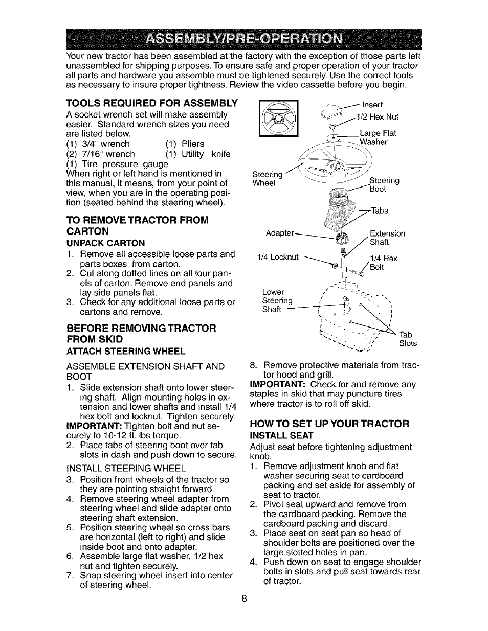 Tools required for assembly, To remove tractor from, Carton | Unpack carton, Before removing tractor from skid, Attach steering wheel | Craftsman 917.272762 User Manual | Page 8 / 56