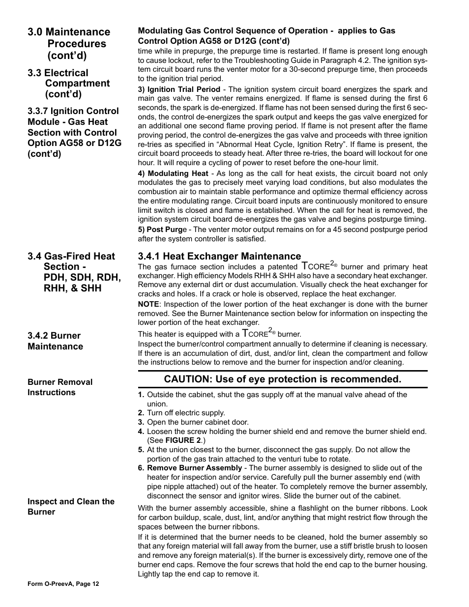 4 gas-fired heat section - pdh, sdh, rdh, rhh, shh, 0 maintenance procedures (cont’d), Caution: use of eye protection is recommended | 3 electrical compartment (cont’d) | Reznor PDH Operation Manual PreevA User Manual | Page 12 / 40