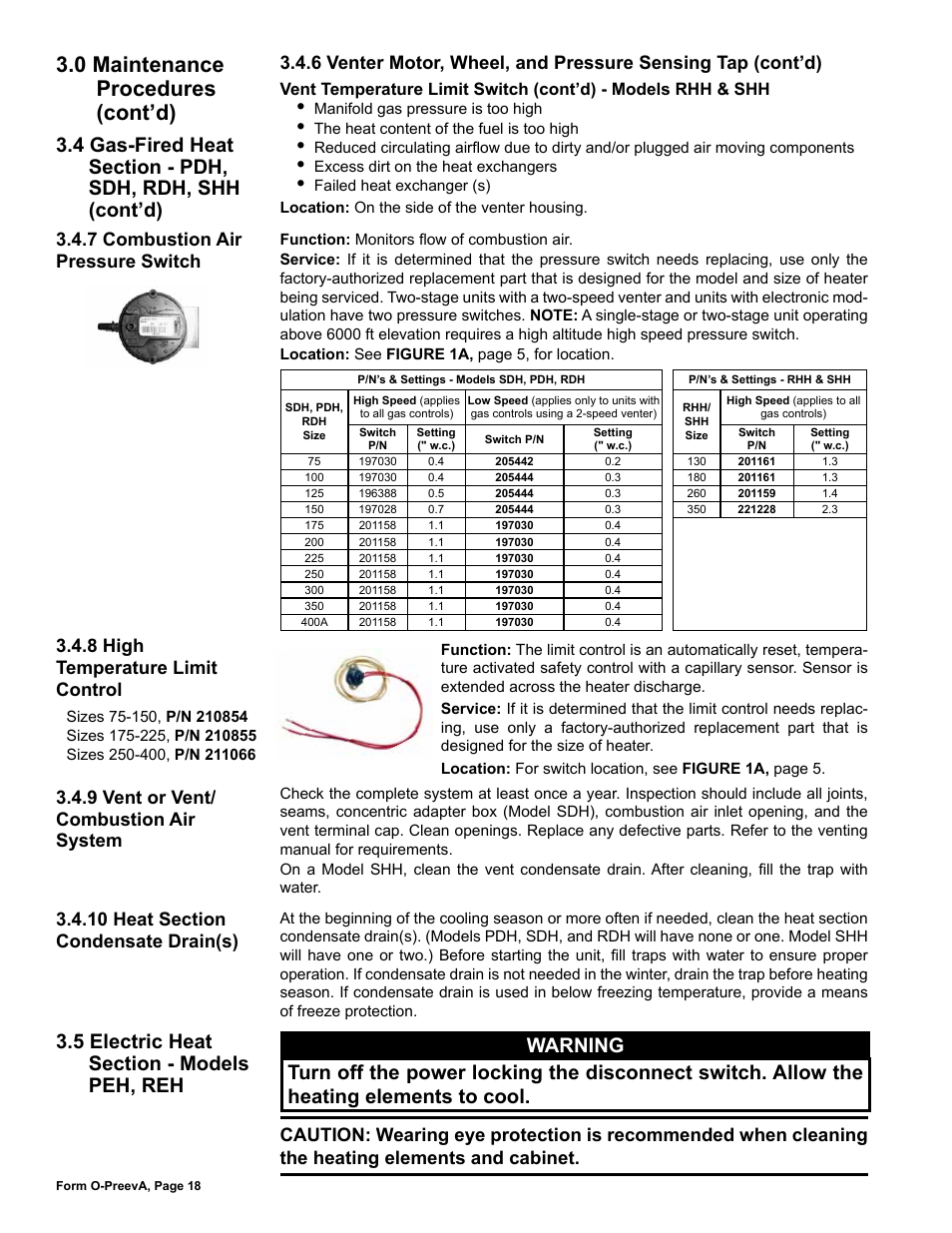 5 electric heat section - models peh, reh, 0 maintenance procedures (cont’d), 7 combustion air pressure switch | 8 high temperature limit control, 9 vent or vent/ combustion air system | Reznor PDH Operation Manual PreevA User Manual | Page 18 / 40