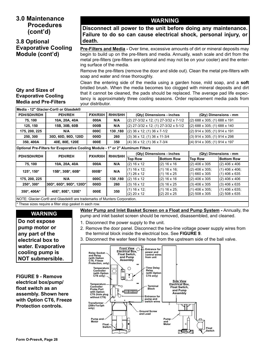 0 maintenance procedures (cont’d), Warning, 8 optional evaporative cooling module (cont’d) | Reznor PDH Operation Manual PreevA User Manual | Page 28 / 40