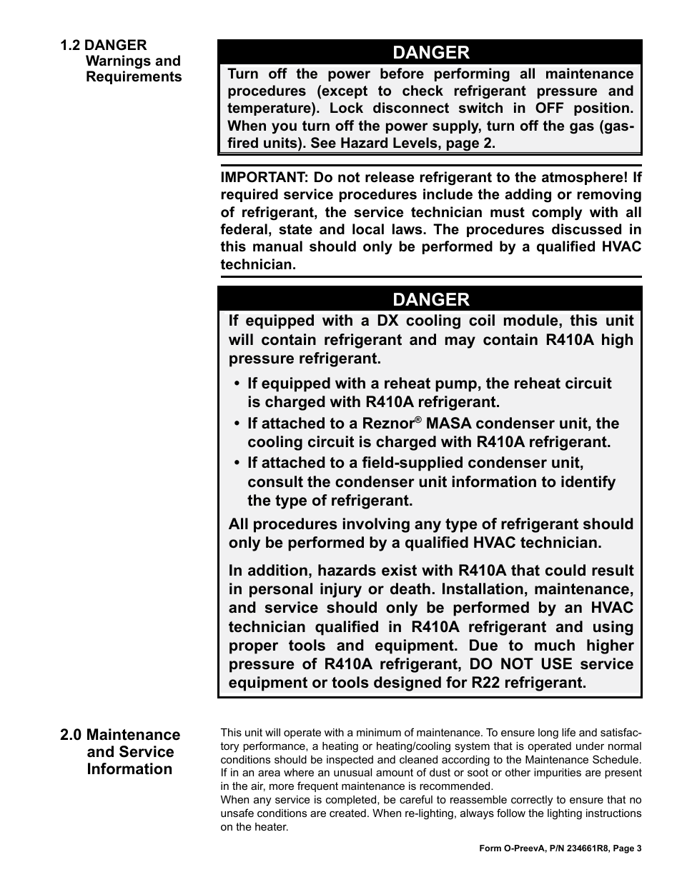 2 danger warnings and requirements, 0 maintenance and service information -6, Danger | Reznor PDH Operation Manual PreevA User Manual | Page 3 / 40