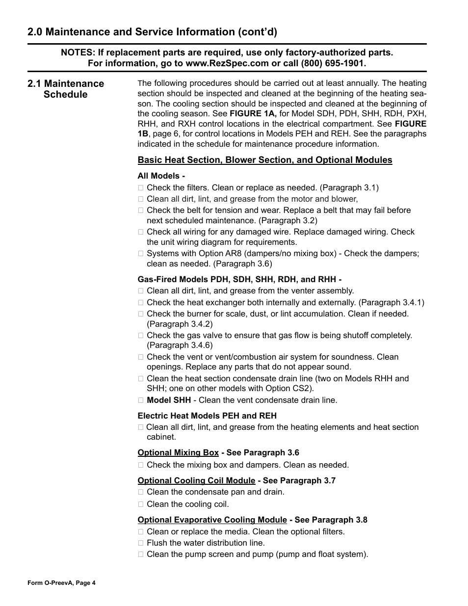 1 maintenance schedule, 0 maintenance and service information (cont’d) | Reznor PDH Operation Manual PreevA User Manual | Page 4 / 40