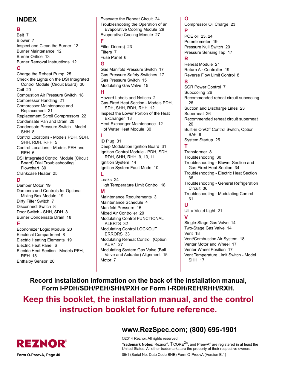Index | Reznor PDH Operation Manual PreevA User Manual | Page 40 / 40