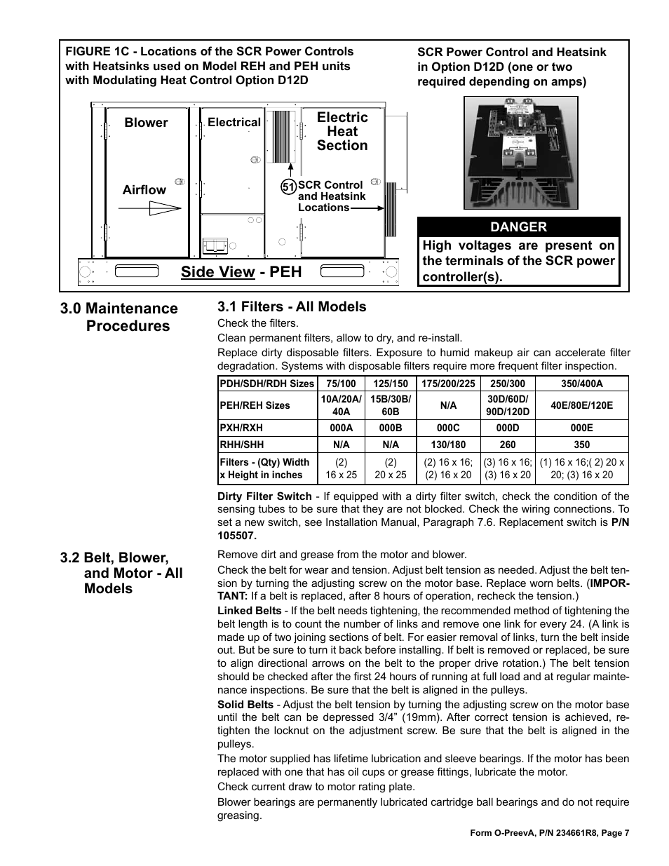 0 maintenance procedures -30, 1 filters - all models, 2 belt, blower, and motor - all models | 0 maintenance procedures, Side view - peh | Reznor PDH Operation Manual PreevA User Manual | Page 7 / 40