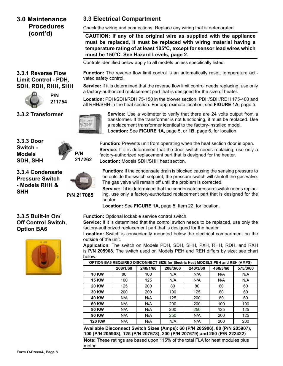 3 electrical compartment, 0 maintenance procedures (cont’d) | Reznor PDH Operation Manual PreevA User Manual | Page 8 / 40