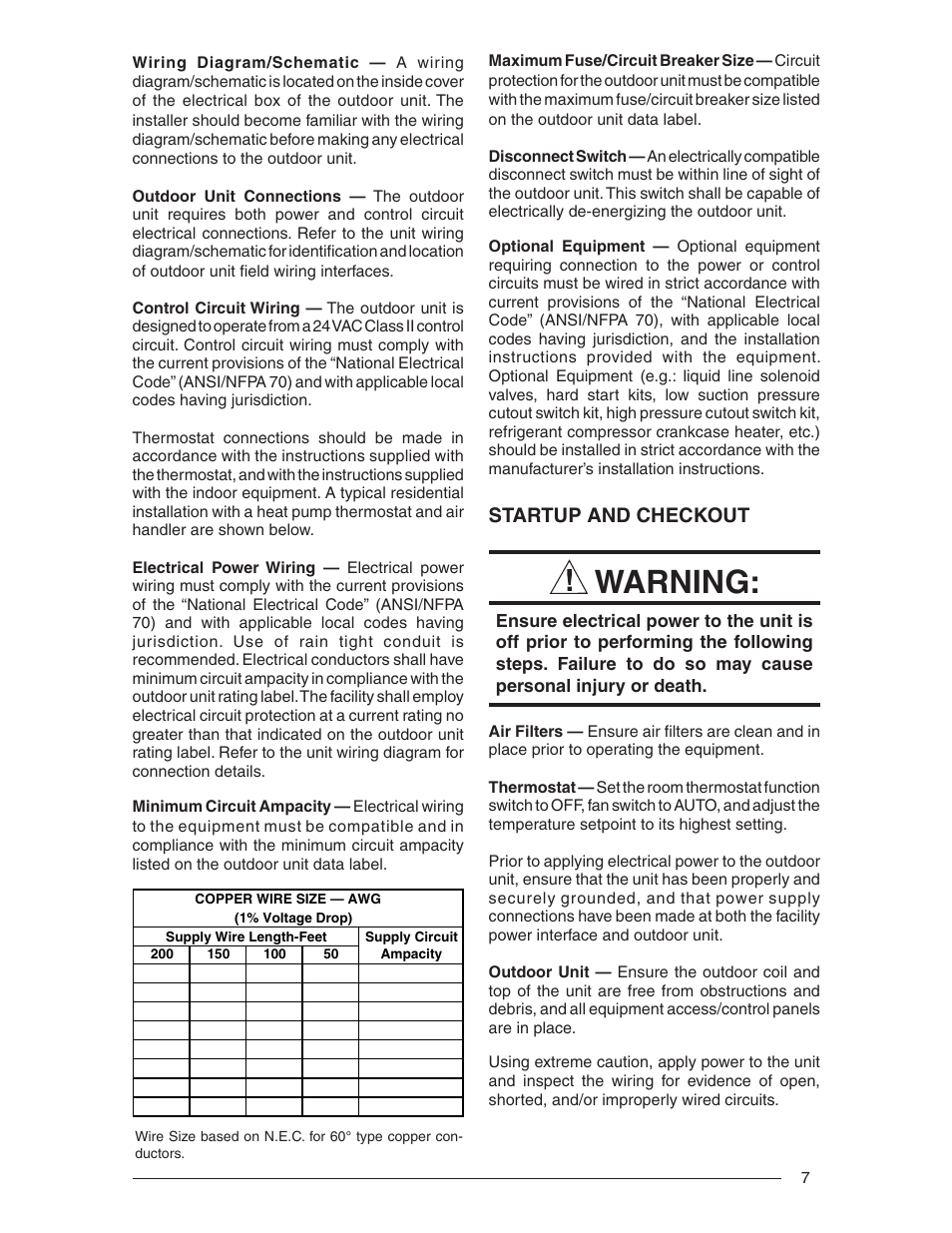 Warning, Startup and checkout | Reznor JT4BD Users Manual User Manual | Page 7 / 24