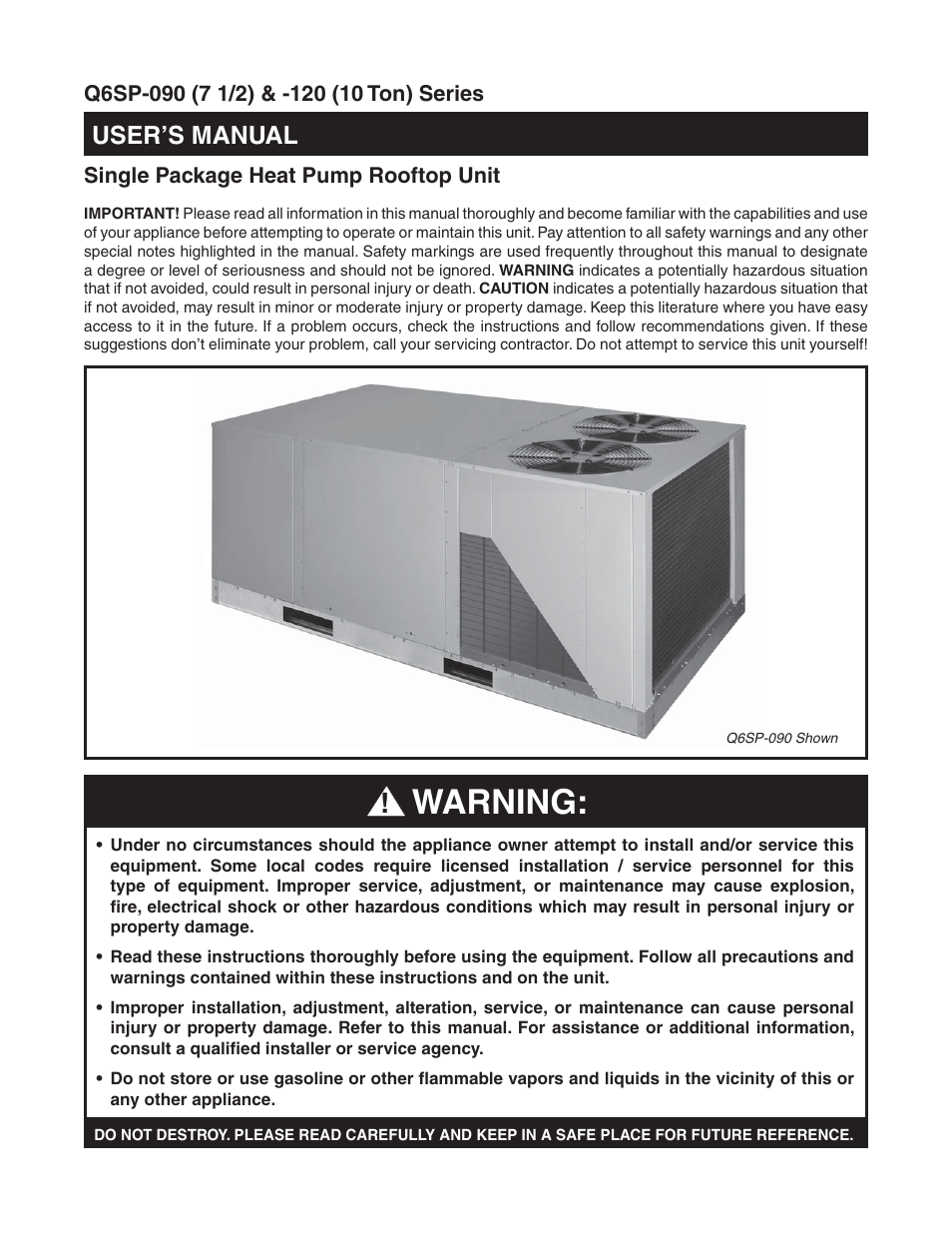 Reznor Q6SP Users Manual User Manual | 4 pages