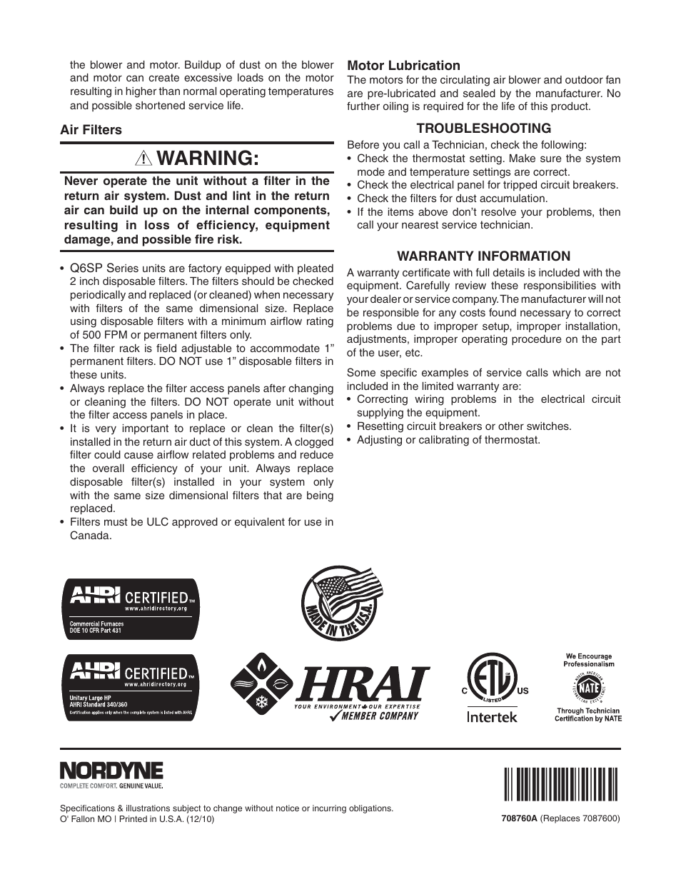 Warning | Reznor Q6SP Users Manual User Manual | Page 4 / 4