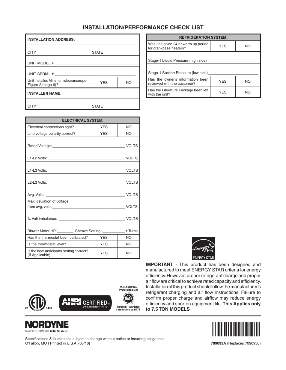 Installation/performance check list | Reznor S5BP Users Manual User Manual | Page 20 / 20