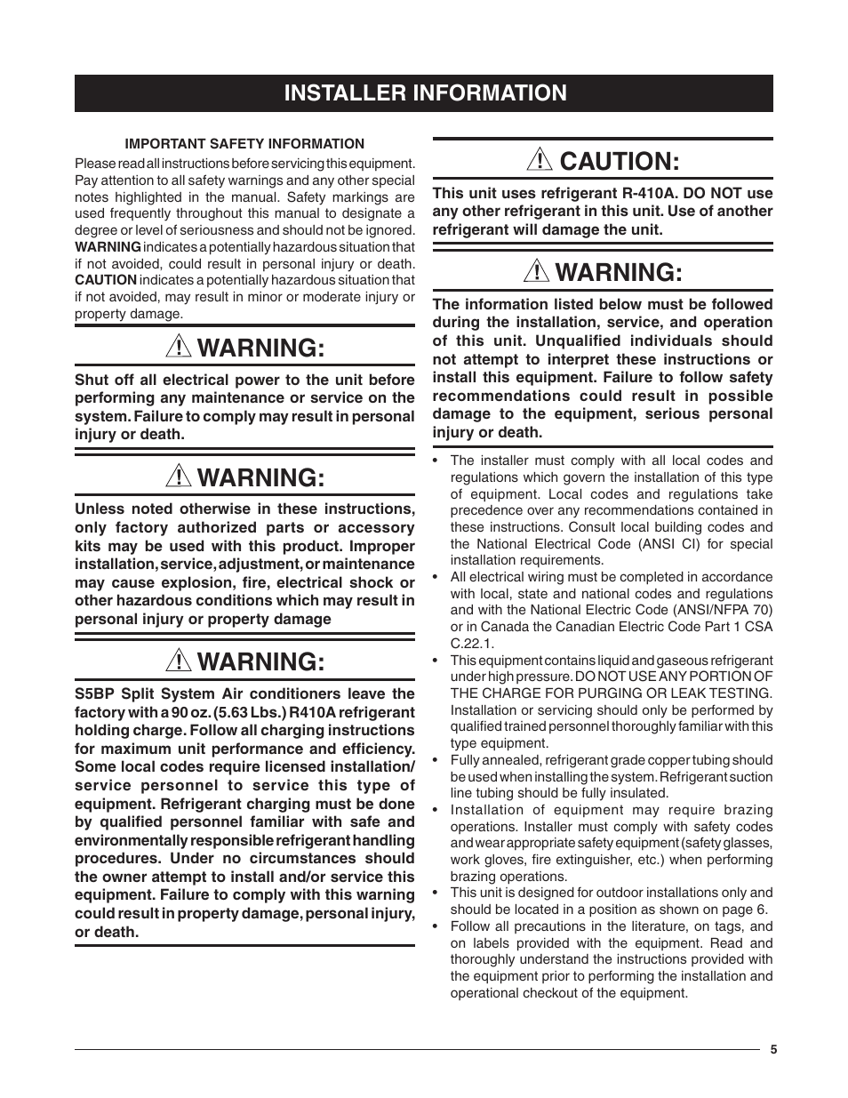 Warning, Caution, Installer information | Reznor S5BP Users Manual User Manual | Page 5 / 20