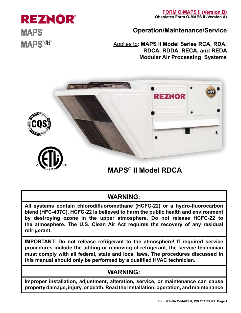 Reznor MAPSII Series REDA Users Manual User Manual | 28 pages