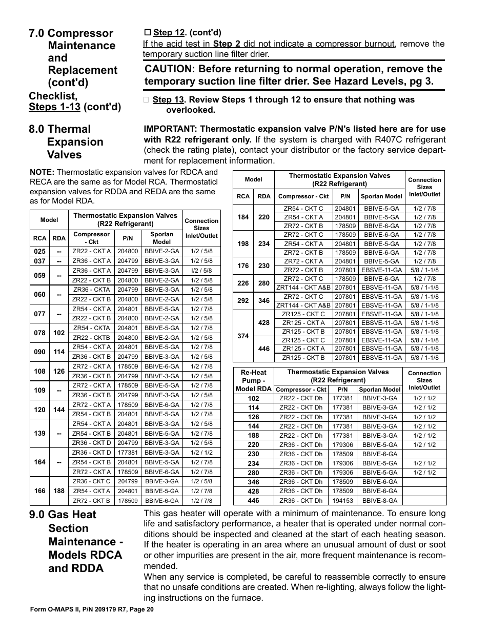 0 thermal expansion valves, 0 compressor maintenance and replacement (cont'd), Checklist, steps 1-13 (cont'd) | Reznor MAPSII Series REDA Users Manual User Manual | Page 20 / 28