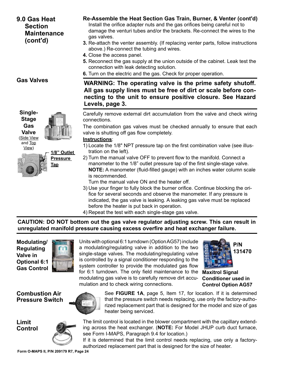 Gas valves, Combustion air pressure switch, Limit control | Reznor MAPSII Series REDA Users Manual User Manual | Page 24 / 28