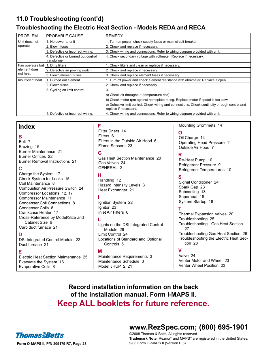 Index, Keep all booklets for future reference, 0 troubleshooting (cont'd) | Reznor MAPSII Series REDA Users Manual User Manual | Page 28 / 28