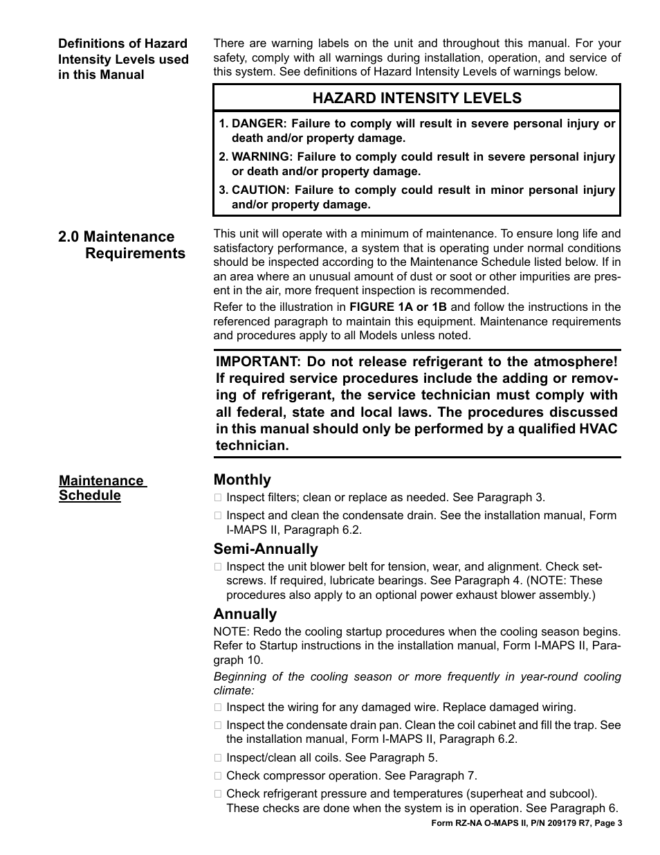 0 maintenance requirements, Maintenance schedule | Reznor MAPSII Series REDA Users Manual User Manual | Page 3 / 28