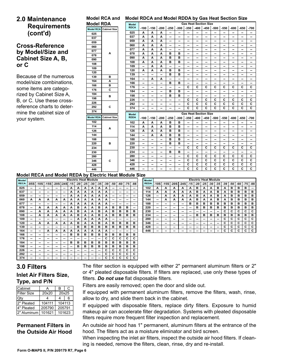 0 filters, 0 maintenance requirements (cont'd), Inlet air filters size, type, and p/n | Permanent filters in the outside air hood | Reznor MAPSII Series REDA Users Manual User Manual | Page 6 / 28