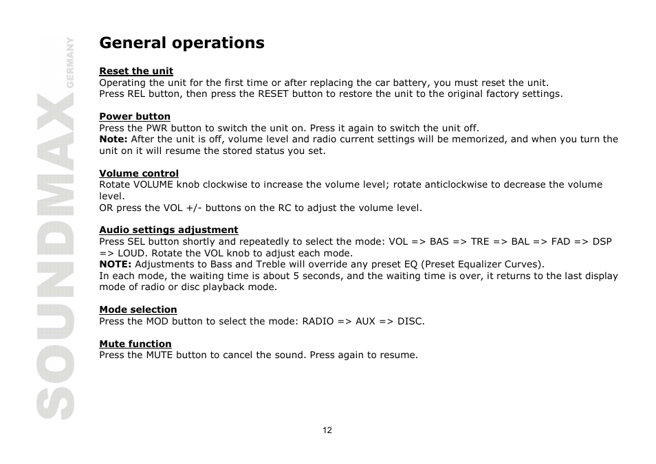 General operations | SoundMax SM-CMD2026 User Manual | Page 12 / 54