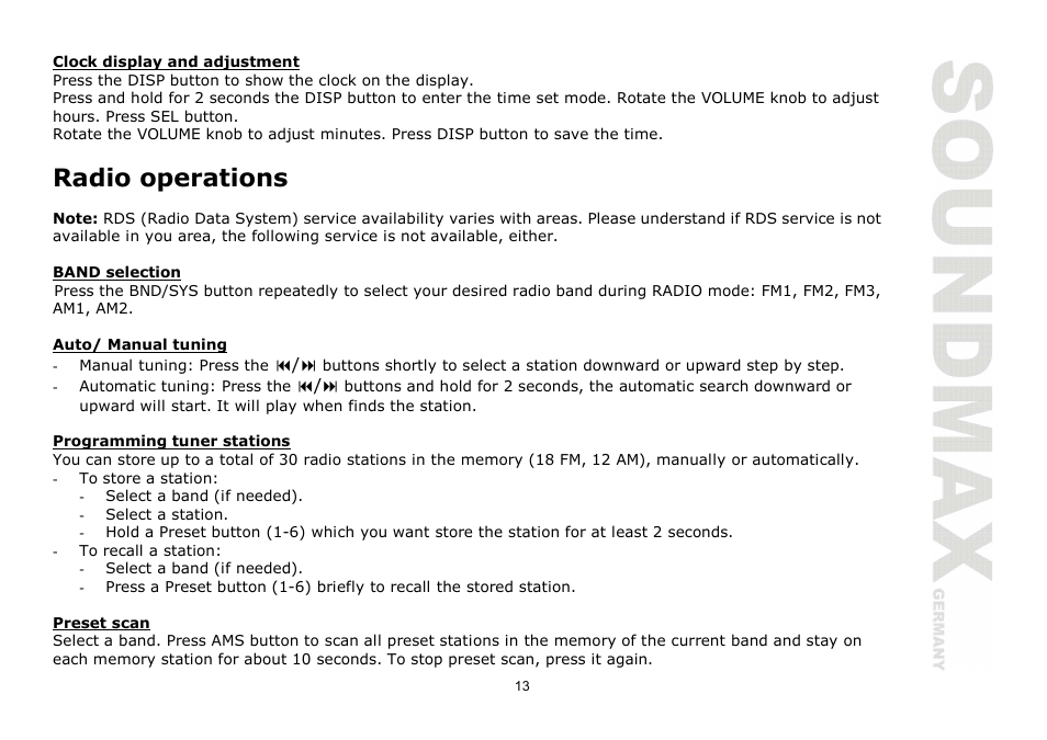 Radio operations | SoundMax SM-CMD2026 User Manual | Page 13 / 54