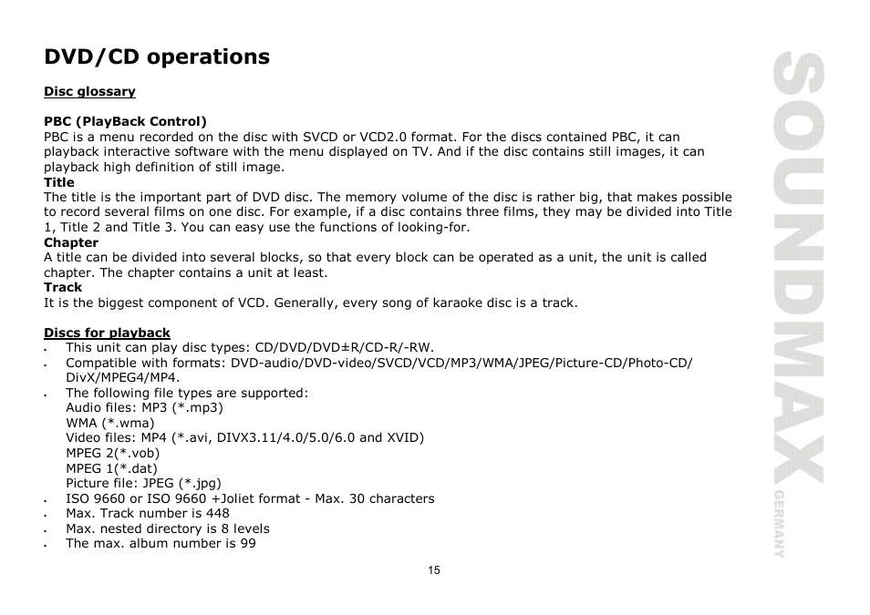 Dvd/cd operations | SoundMax SM-CMD2026 User Manual | Page 15 / 54