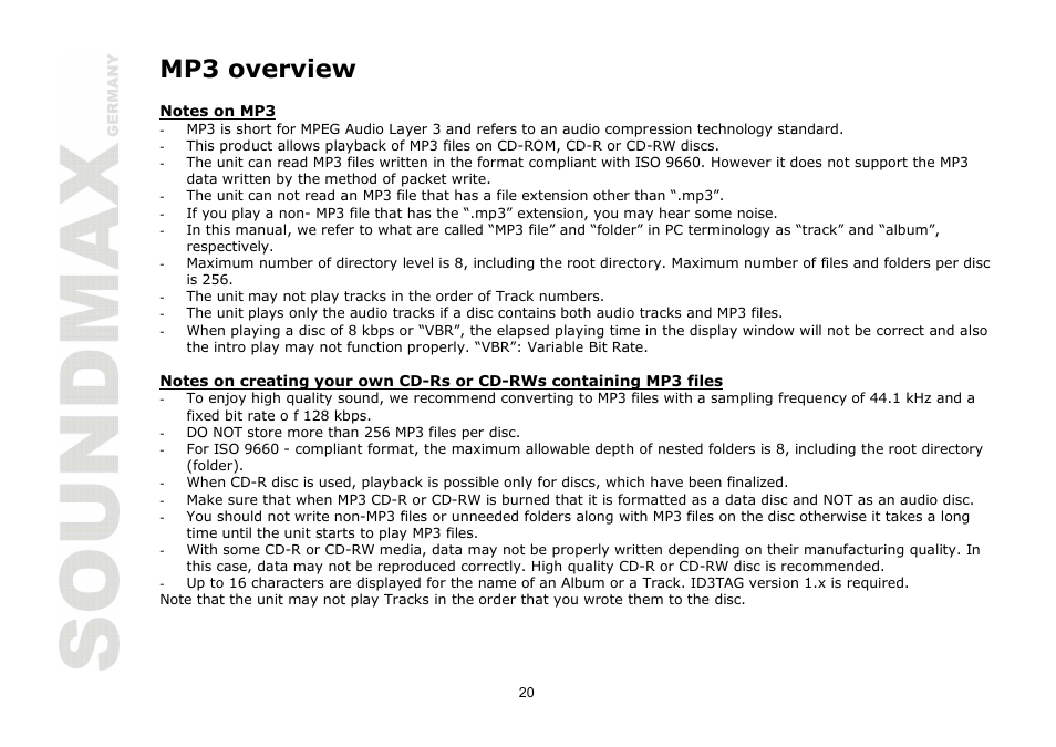 Mp3 overview | SoundMax SM-CMD2026 User Manual | Page 20 / 54