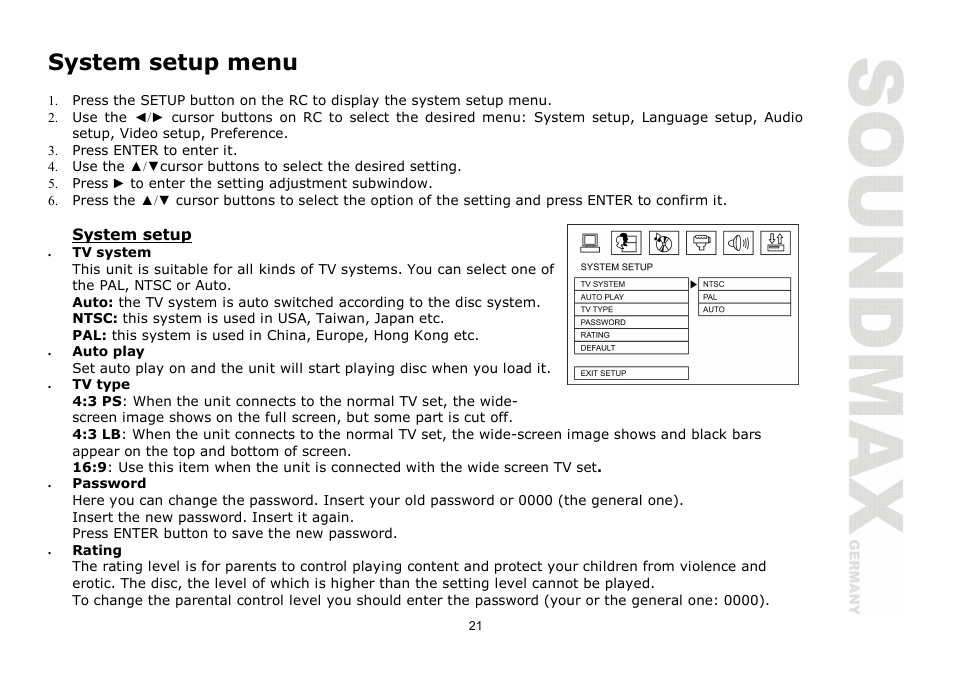 System setup menu | SoundMax SM-CMD2026 User Manual | Page 21 / 54