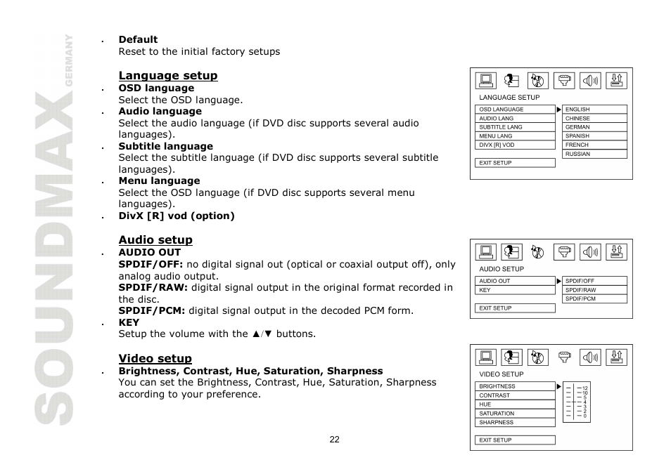 Language setup, Audio setup, Video setup | SoundMax SM-CMD2026 User Manual | Page 22 / 54