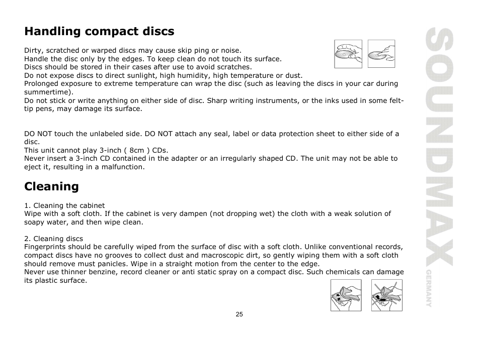 Handling compact discs, Cleaning | SoundMax SM-CMD2026 User Manual | Page 25 / 54