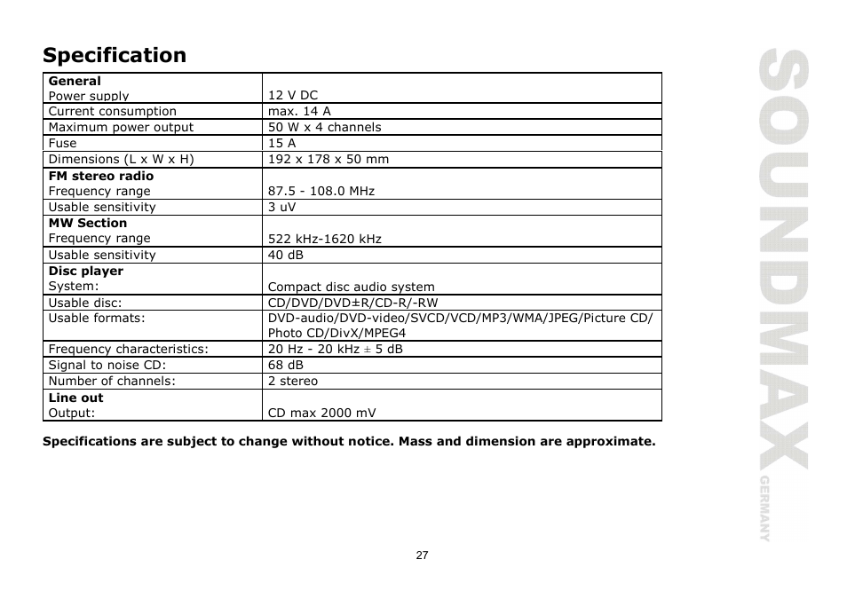 Specification | SoundMax SM-CMD2026 User Manual | Page 27 / 54