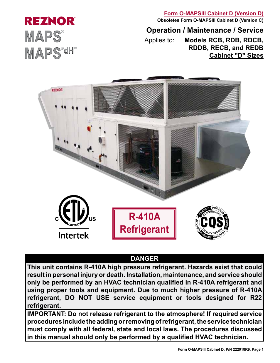 Reznor MAPS III, Cabinet D RECB Users Manual User Manual | 44 pages