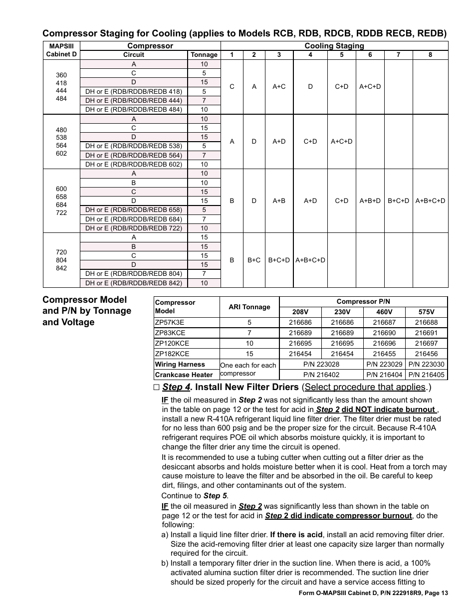 Compressor model and p/n by tonnage and voltage | Reznor MAPS III, Cabinet D RECB Users Manual User Manual | Page 13 / 44