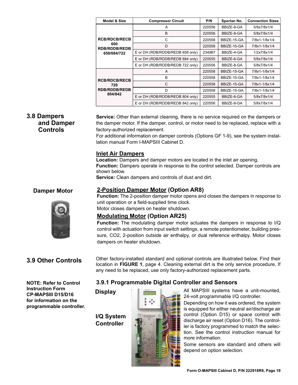 8 dampers and damper controls, 9 other controls, Inlet air dampers | Damper motor 2-position damper motor (option ar8), Modulating motor (option ar25), 1 programmable digital controller and sensors, I/q system controller display | Reznor MAPS III, Cabinet D RECB Users Manual User Manual | Page 19 / 44