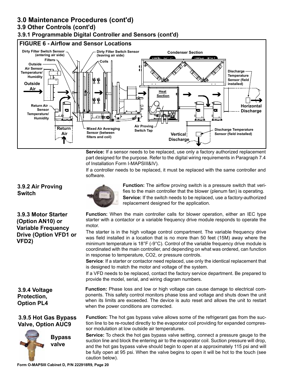 0 maintenance procedures (cont'd), 9 other controls (cont'd), 5 hot gas bypass valve, option auc9 | 4 voltage protection, option pl4, Bypass valve 3.9.2 air proving switch | Reznor MAPS III, Cabinet D RECB Users Manual User Manual | Page 20 / 44