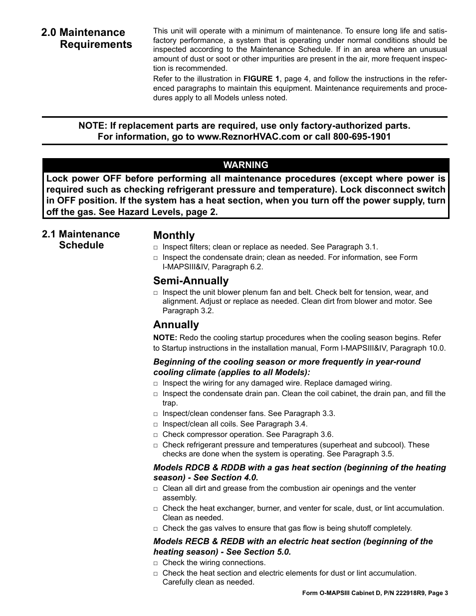 0 maintenance requirements, Monthly, Semi-annually | Annually, 1 maintenance schedule | Reznor MAPS III, Cabinet D RECB Users Manual User Manual | Page 3 / 44