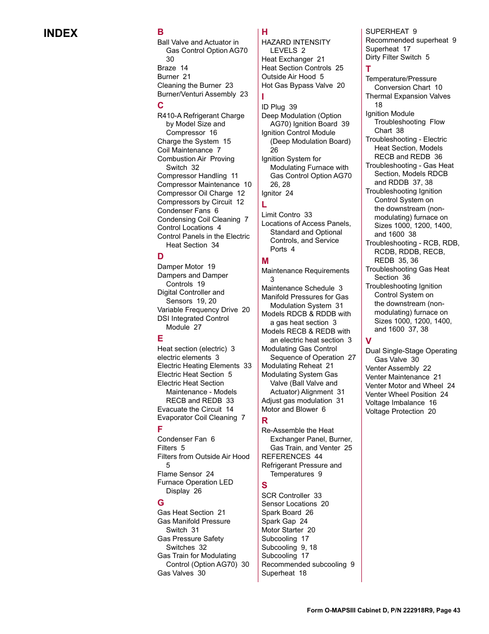 Index | Reznor MAPS III, Cabinet D RECB Users Manual User Manual | Page 43 / 44