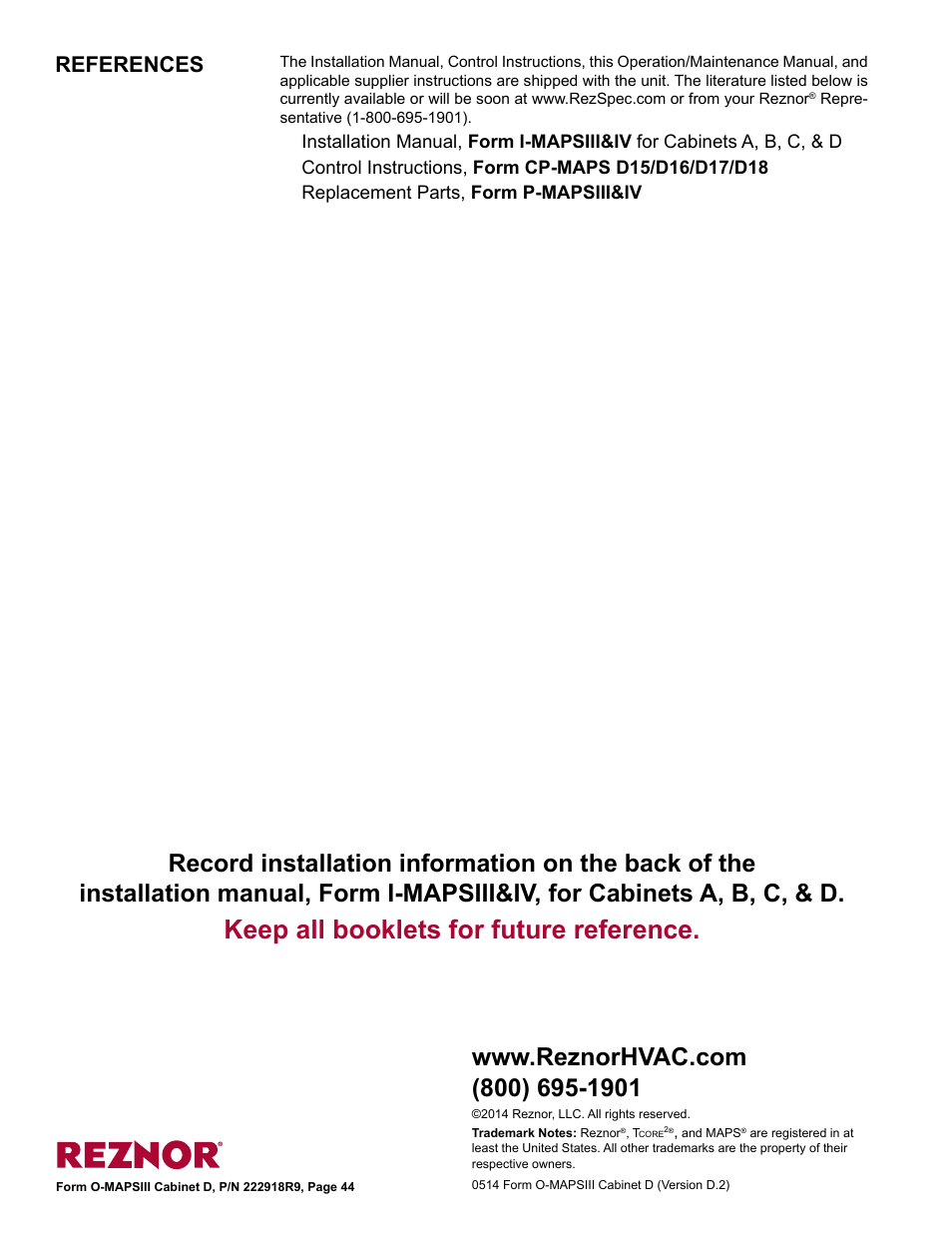 Keep all booklets for future reference, References | Reznor MAPS III, Cabinet D RECB Users Manual User Manual | Page 44 / 44