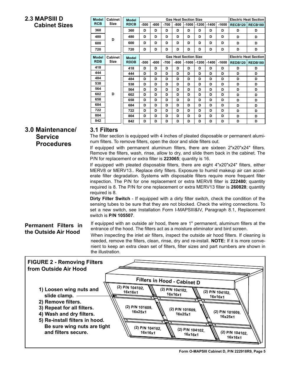 0 maintenance/ service procedures, 1 filters, 3 mapsiii d cabinet sizes | Figure 2 - removing filters from outside air hood, Permanent filters in the outside air hood | Reznor MAPS III, Cabinet D RECB Users Manual User Manual | Page 5 / 44