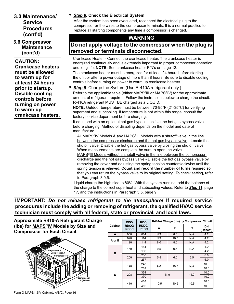 0 maintenance/ service procedures (cont'd), 6 compressor maintenance (cont'd), Iv models by size and compressor for each circuit | Reznor MAPS - A,B,C Users Manual User Manual | Page 16 / 40